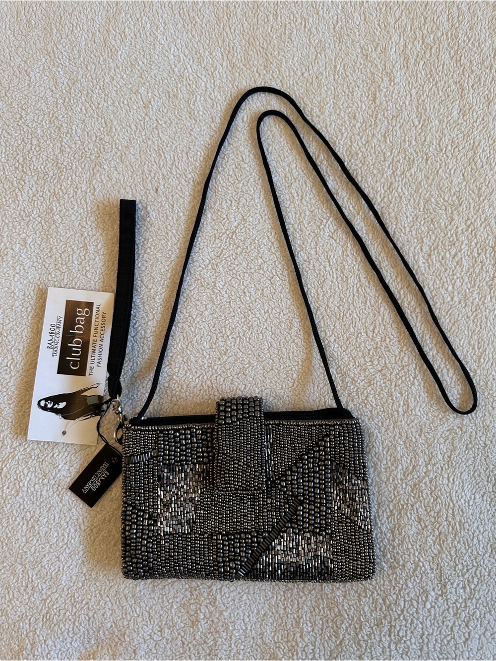 Beaded Black Crossbody Clutch with Detachable Strap